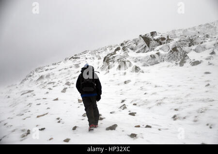 Lone Walker maschio di arrampicata in una tormenta di neve per la Wainwright Esk Pike da Esk Hause in Parco Nazionale del Distretto dei Laghi, Cumbria, Regno Unito. Foto Stock