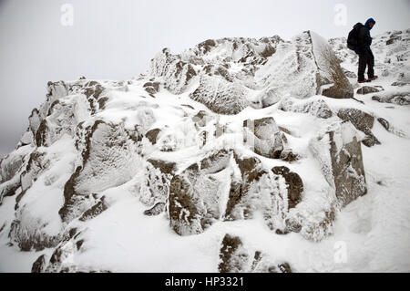 Lone Walker maschio di arrampicata in una tormenta di neve per la Wainwright Esk Pike da Esk Hause in Parco Nazionale del Distretto dei Laghi, Cumbria, Regno Unito. Foto Stock