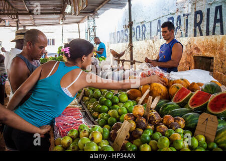 Frutta & Verdura in stallo, mercato, in background propaganda politica,Habana Vieja, La Habana, Cuba Foto Stock