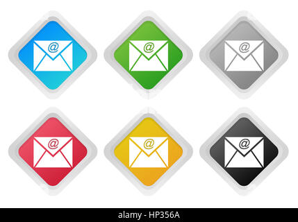 Set di conformata a losanga pulsanti colorati con il simbolo della posta elettronica in blu, verde, rosso, arancione, grigio e nero Foto Stock