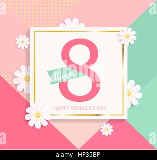 Womens giorno luminoso sfondo geometrico con splendidi fiori. Illustrazione Vettoriale e modello di scheda, banner e carta da parati, volantini, invito, poster Illustrazione Vettoriale