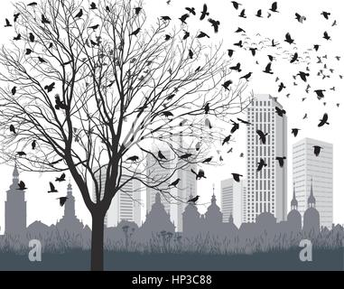 Illustrazione Vettoriale gregge corvi, albero senza foglie e la vecchia e la nuova città Illustrazione Vettoriale