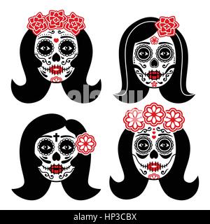 La messicana Catrina - Giorno dei Morti ragazza cranio Descrizione Dia de los Muertos, donna cranio set di icone isolato su bianco Illustrazione Vettoriale