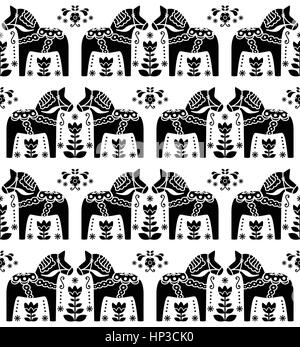 Dala svedese o cavallo Daleclarian seamless folk art pattern. Scandinavian in bianco e nero di sfondo ripetitivo - Dala cavalli Illustrazione Vettoriale