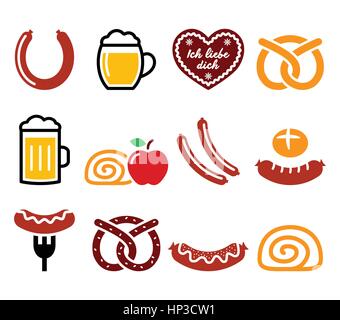 Tedesco, Oktoberfest - alimentari Salsicce, curry wurst, birra, pretzel, Apple icone. Icone vettoriali set di cibo tradizionale dalla Germania isolato Illustrazione Vettoriale