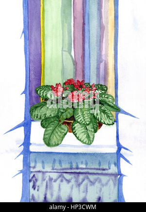 Red Violet fiore sul davanzale in astratto sfondo luminoso, dipinta a mano isolato illustrazione ad acquerello Foto Stock