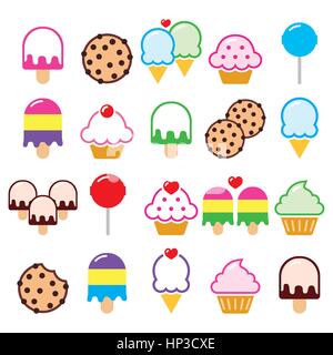 Tortina, gelato, cookie, lecca-lecca icone.Dolci e Dessert cibo icone vettoriali isolato su bianco Illustrazione Vettoriale