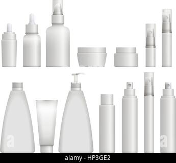 Realistico bianco flaconi cosmetici Illustrazione Vettoriale