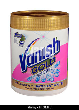 Una vasca di oro Vanish Oxi Action polvere tessuto Stain Remover isolato su uno sfondo bianco Foto Stock