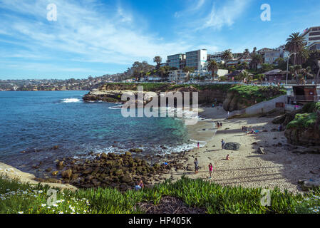 Vista del La Jolla Cove Beach e la città di La Jolla su un pomeriggio d'inverno. La Jolla, California, Stati Uniti d'America. Foto Stock