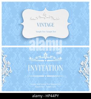 Vector Blue Vintage sfondo con 3d Floral Pattern di Damasco per il messaggio di saluto o scheda di invito Design in carta tagliata Style Illustrazione Vettoriale