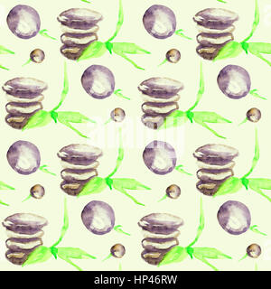 Pietre di basalto per il massaggio con i germogli di bambù, seamless pattern dipinte a mano illustrazione ad acquerello (giallo) Foto Stock