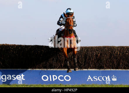 Tenor Nivernais cavalcato da Liam Treadwell cancella l'ultimo recinto prima di andare a vincere la Keltbray Swinley Chase eseguito durante il Betfair Chase Raceday a Ascot Racecourse. Foto Stock