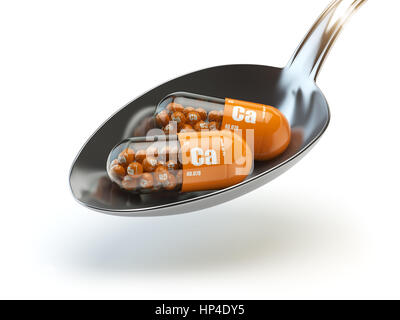 Pillole con calcio calcio Ca elemento del cucchiaio. Integratori alimentari. Vitamina capsule. 3d illustrazione Foto Stock