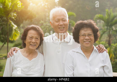 Gruppo di sano felice seniors asiatici che celebra l'amicizia alla natura outdoor park, in mattinata splendida luce solare a sfondo. Foto Stock