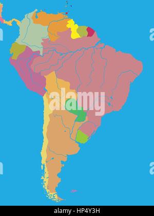 Colore mappa politica del Sud America con le frontiere dei paesi Illustrazione Vettoriale