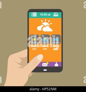 Mano azienda smart phone, icone meteo per web e mobile. Design piatto. Vettore Illustrazione Vettoriale