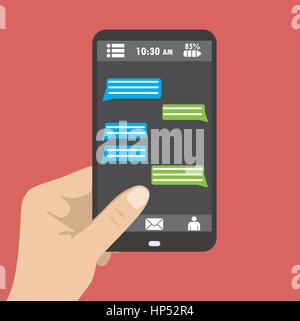 Mano azienda nero smartphone con vuoto bolle di parlato per il testo. Messaggistica di testo flat design concept. Eps 10 illustrazione vettoriale Illustrazione Vettoriale