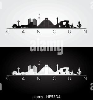 Lo skyline di Cancun e i punti di riferimento silhouette, design in bianco e nero, illustrazione vettoriale. Illustrazione Vettoriale