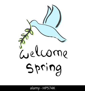 Welcome Spring scritte, per poster, pubblicità, cartoline, stampe, tessile, banner web, decorazione, blog. Carino colomba con un ramoscello verdeggiante nel becco. Illustrazione Vettoriale