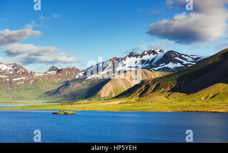 I pittoreschi paesaggi di foreste e montagne Islanda Foto Stock