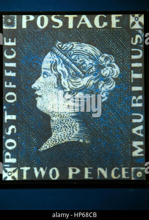 Port Louis, Blu Maurizio, Blue Penny Museum, Blu Maurizio, timbro, Bleu penny, due pence, Mauritius, Blue Penny Museum Foto Stock