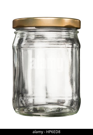 Vuoto chiuso il vasetto di vetro con coperchio metallico isolato su bianco Foto Stock