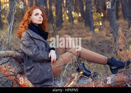 Bellissima ed elegante i capelli rossi donna seduta sul log in autunno foresta. Redhead girl in autunno vestiti nella foresta. Redhead donna all'aperto nel parco di autunno Foto Stock