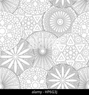 Lacy seamless motivo floreale con varie geometriche stilizzate contorno nero Fiori su fondo bianco, monocromatico illustrazione vettoriale Illustrazione Vettoriale