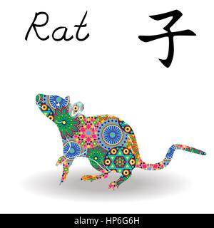 Il cinese segno zodiacale di ratto, elemento fisso acqua, simbolo del nuovo anno sul calendario Orientale, disegnato a mano stencil vettore con geometrica di colore motley fiore Illustrazione Vettoriale