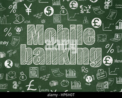 Concetto di denaro: Chalk testo bianco Mobile Banking sul bordo della scuola con sfondo disegnato a mano le icone delle finanze, School Board Foto Stock