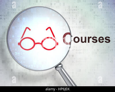 Il concetto di istruzione: ingrandimento di vetro ottico con icona degli occhiali e corsi word su sfondo digitale, rendering 3D Foto Stock