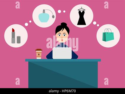 Donna seduta alla scrivania con il computer portatile. Lei è in cerca di cose da comprare online.shopping online concetto. Illustrazione Vettoriale, di tipo piatto, clip art Illustrazione Vettoriale