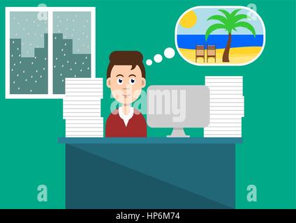 Uomo seduto in ufficio pensa in vacanza. Imprenditore al lavoro immagina vacanza estiva. Personaggio maschile sognare di sunny beach. Vettore, piatta. Illustrazione Vettoriale