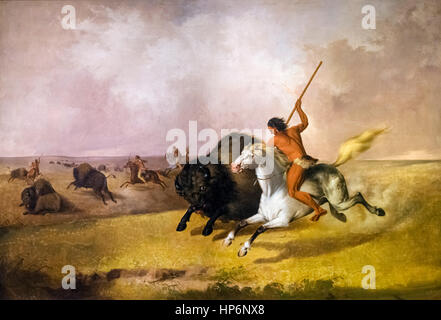 Buffalo caccia sul Sudovest praterie da John Mix Stanley, olio su tela, 1845. Il dipinto mostra un American Indian brave infilzare un bufalo. Foto Stock