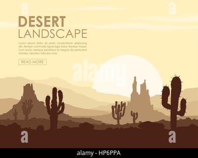 Tramonto nel deserto di pietra con cactus Illustrazione Vettoriale