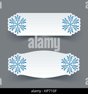 Set di vettore vuoto di carta bianco etichette retrò con i fiocchi di neve. Vintage Design raccolta di elementi Illustrazione Vettoriale
