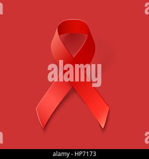 Vettore nastro rosso su sfondo rosso - AIDS e HIV simbolo di sensibilizzazione Illustrazione Vettoriale