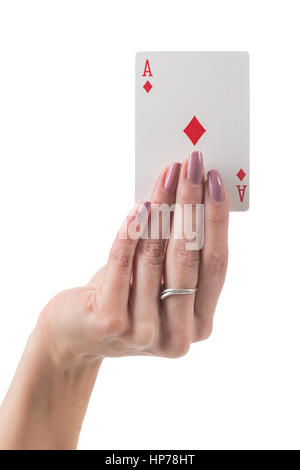 Femmina che mostra a mano ace di diamanti card isolate su sfondo bianco Foto Stock