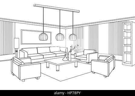 Soggiorno vista contorno interno sketch. mobili blueprint. Illustrazione Vettoriale