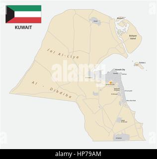 Vettore dettagliata mappa stradale dello Stato del Kuwait con bandiera.eps Illustrazione Vettoriale