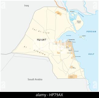 Vettore dettagliata mappa stradale dello Stato del Kuwait.eps Illustrazione Vettoriale