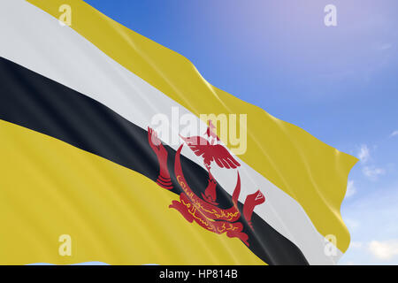 3D rendering del Brunei bandiera sventola sul cielo azzurro sfondo, Brunei Giornata Nazionale, Hari Nasional in malese è sempre celebrata il 23 febbraio Foto Stock