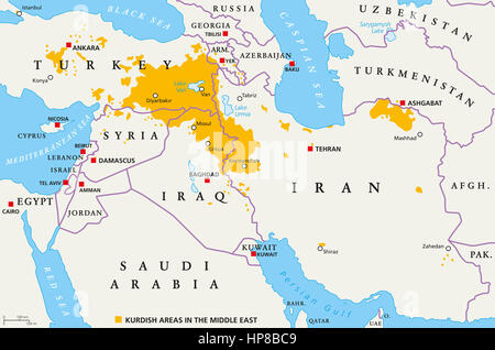 Aree curde in Medio Oriente, mappa politico. I paesi con i loro capitelli e le frontiere nazionali ed importanti città. Aree curde in colore arancione. Foto Stock