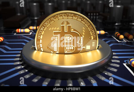 Mettere Bitcoin in Coin Slot sulla scheda madre blu. 3D'illustrazione. Foto Stock