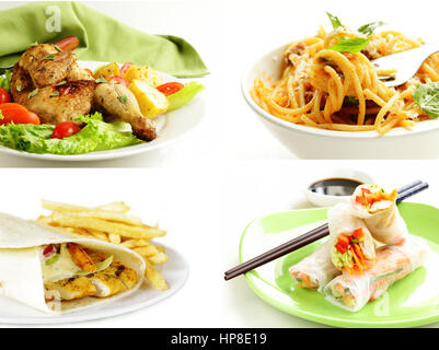 Collage set ready pasto su sfondo bianco Foto Stock