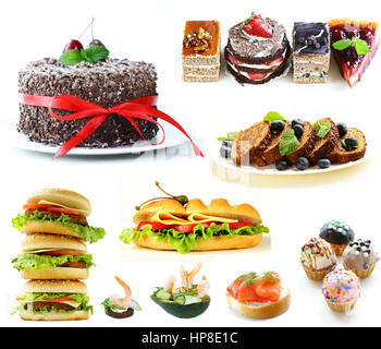 Impostare il collage di dolci e spuntini su sfondo bianco Foto Stock