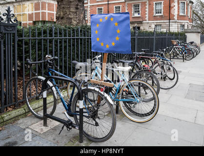 Londra, Regno Unito. 19 Feb, 2017. In bici con la bandiera della UE in cartellone Westminster Credito: Guy Corbishley/Alamy Live News Foto Stock