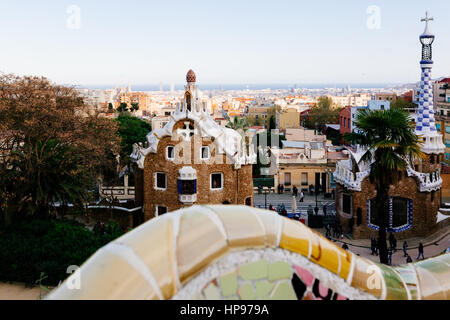 Barcellona, Parco Guell, Spagna. Dettagli del modernismo parco progettato da Antonio Gaudi Foto Stock