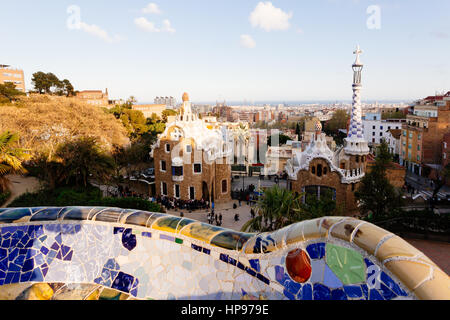 Barcellona, Parco Guell, Spagna. Dettagli del modernismo parco progettato da Antonio Gaudi Foto Stock